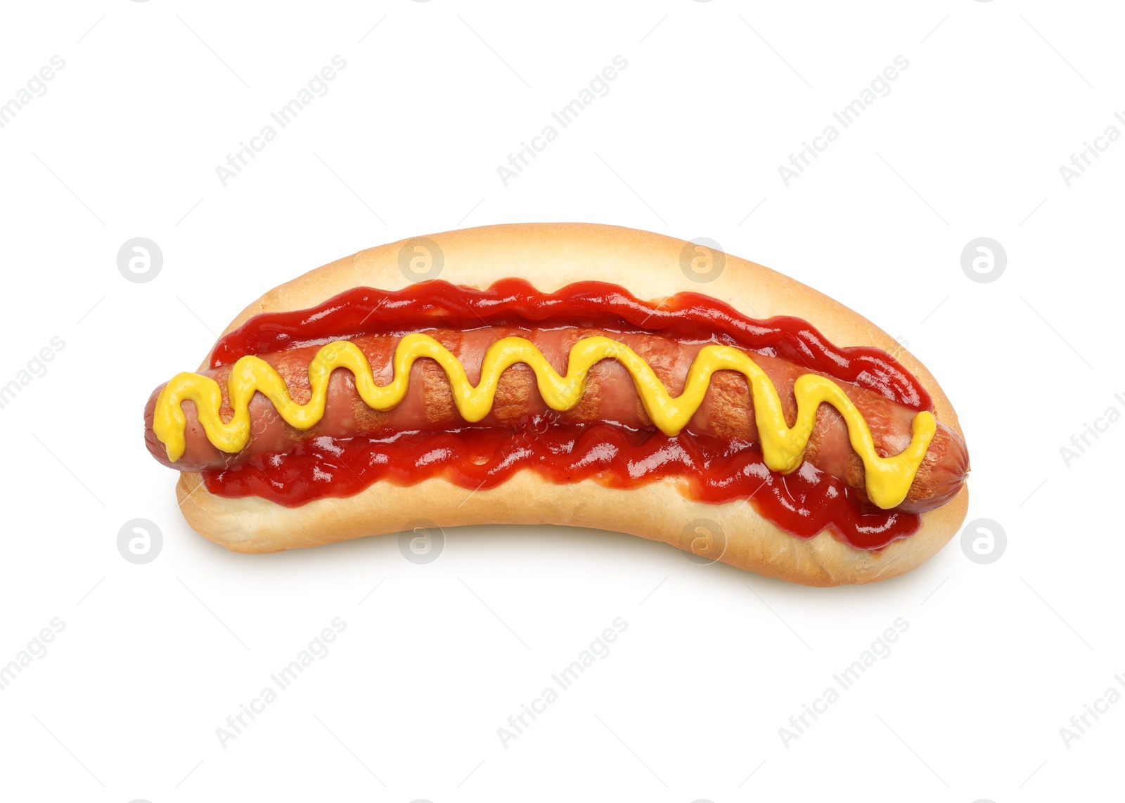 Image of Yummy hot dog with ketchup and mustard isolated on white