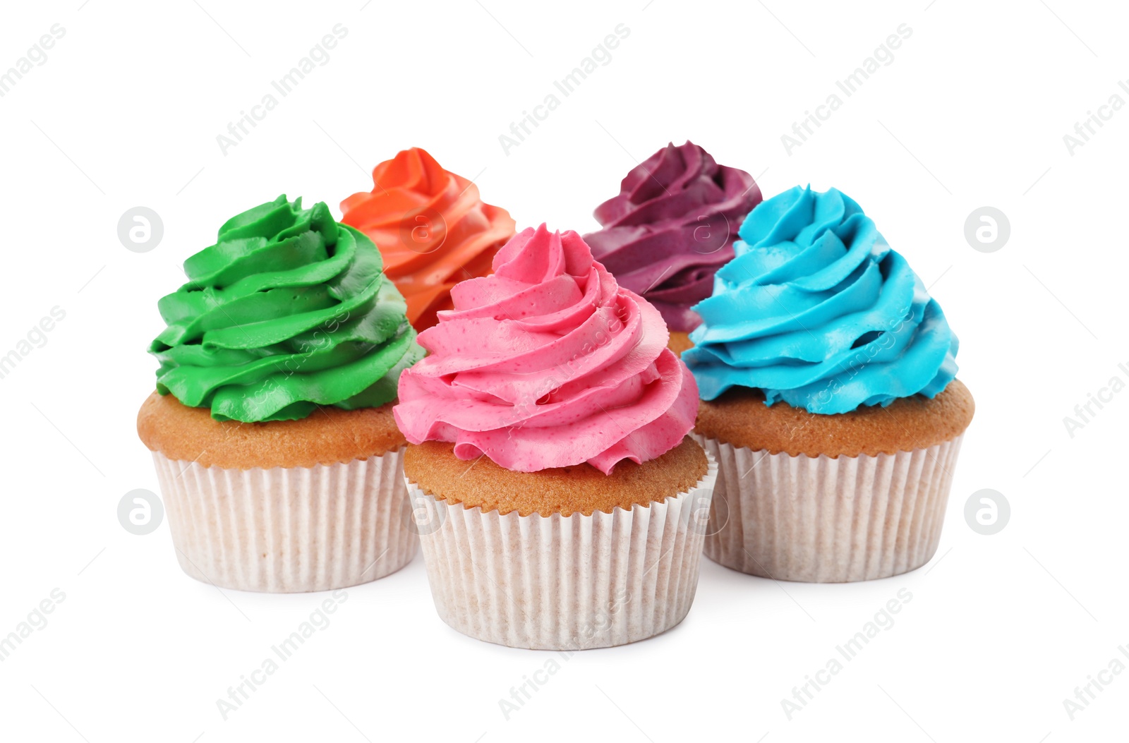 Photo of Different delicious colorful cupcakes on white background