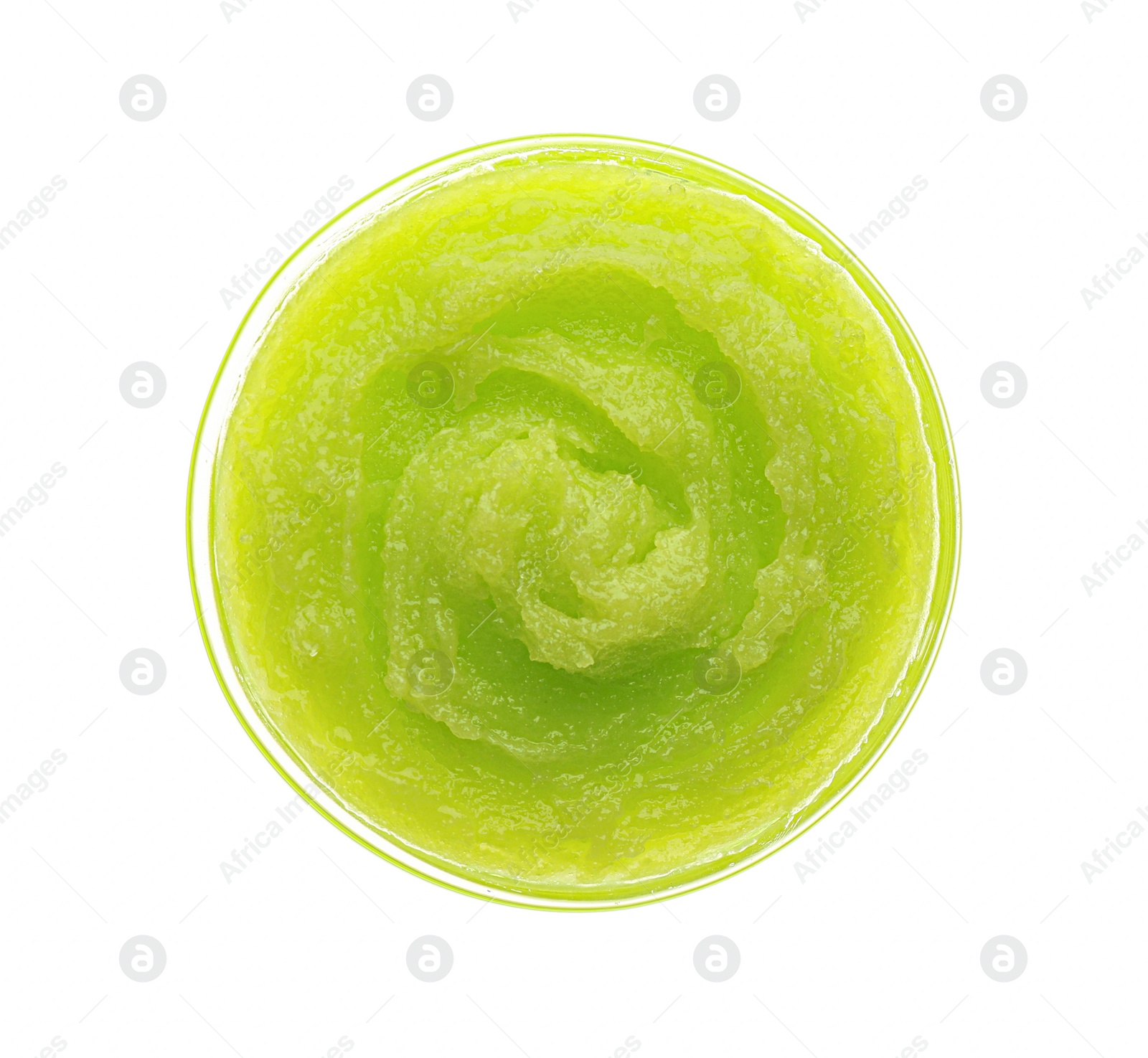 Photo of Bowl of green body scrub isolated on white, top view