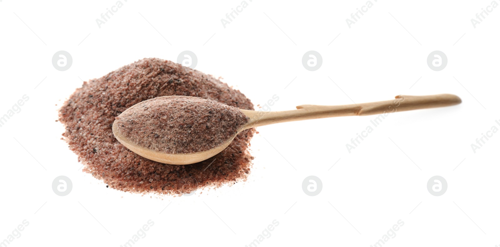 Photo of Pile of ground black salt with wooden spoon isolated on white