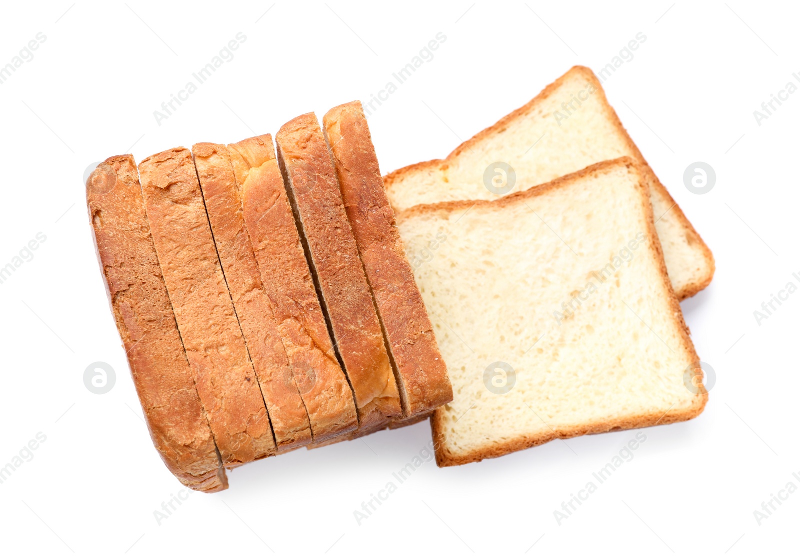 Photo of Pieces of fresh toast bread isolated on white, top view