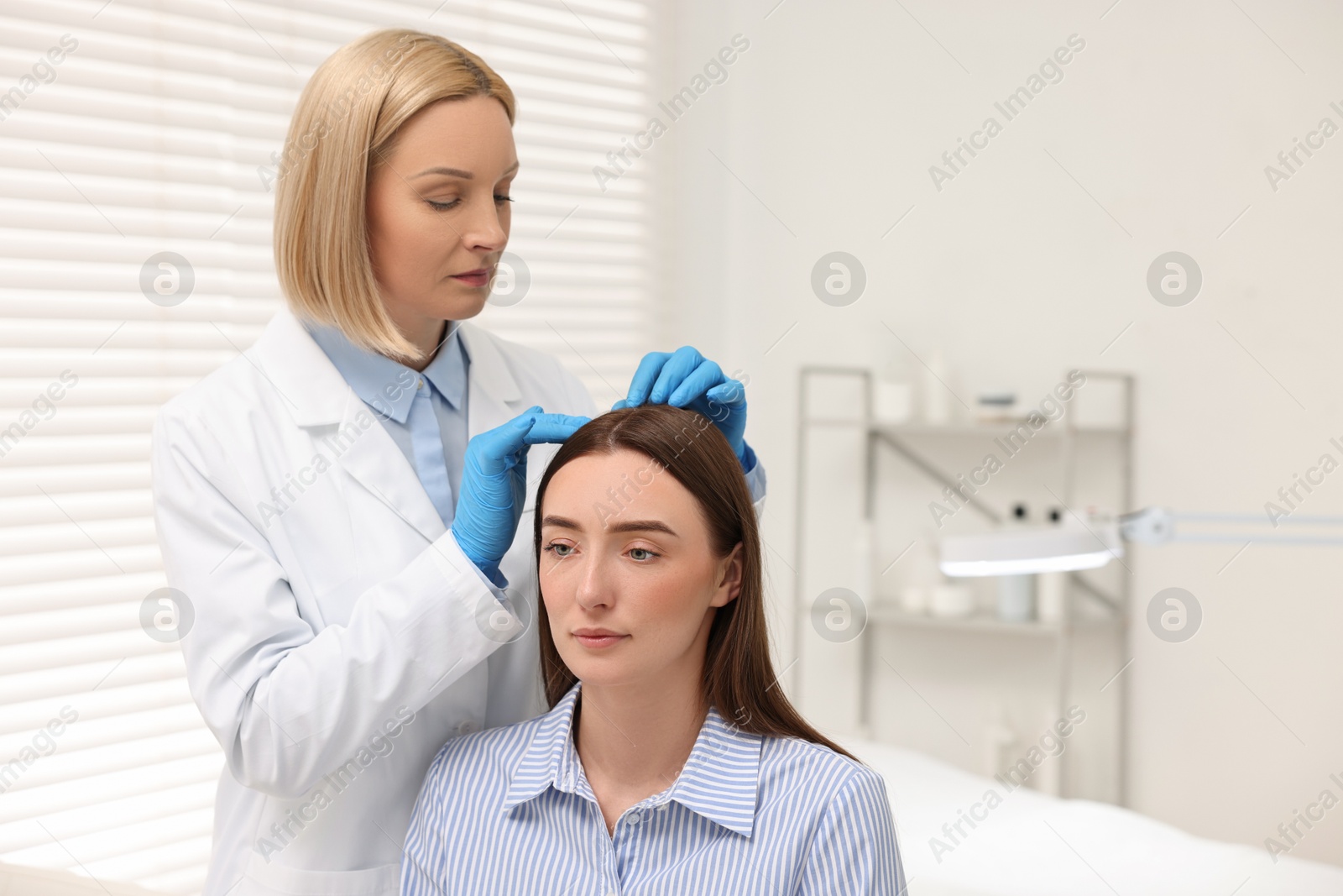 Photo of Trichologist in gloves examining patient`s hair in clinic