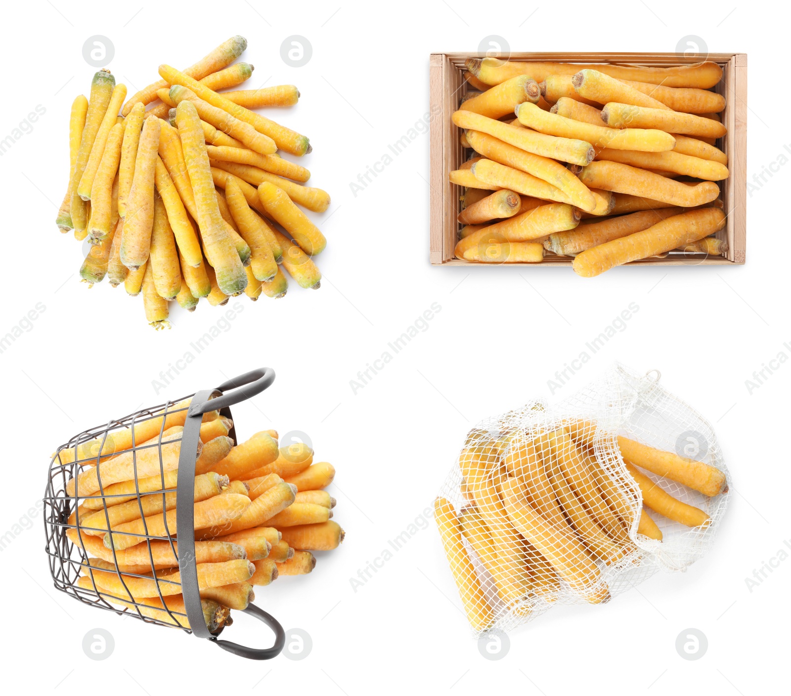 Image of Set of fresh yellow carrots on white background, top view