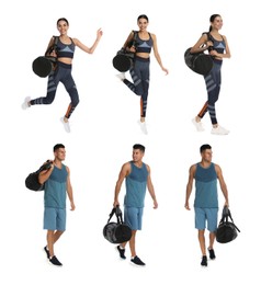 People with sports bags on white background, collage