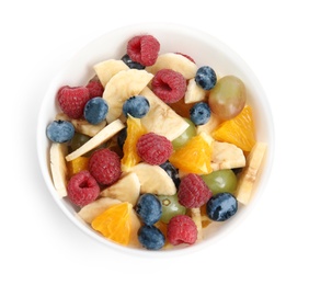 Photo of Fresh tasty fruit salad on white background, top view