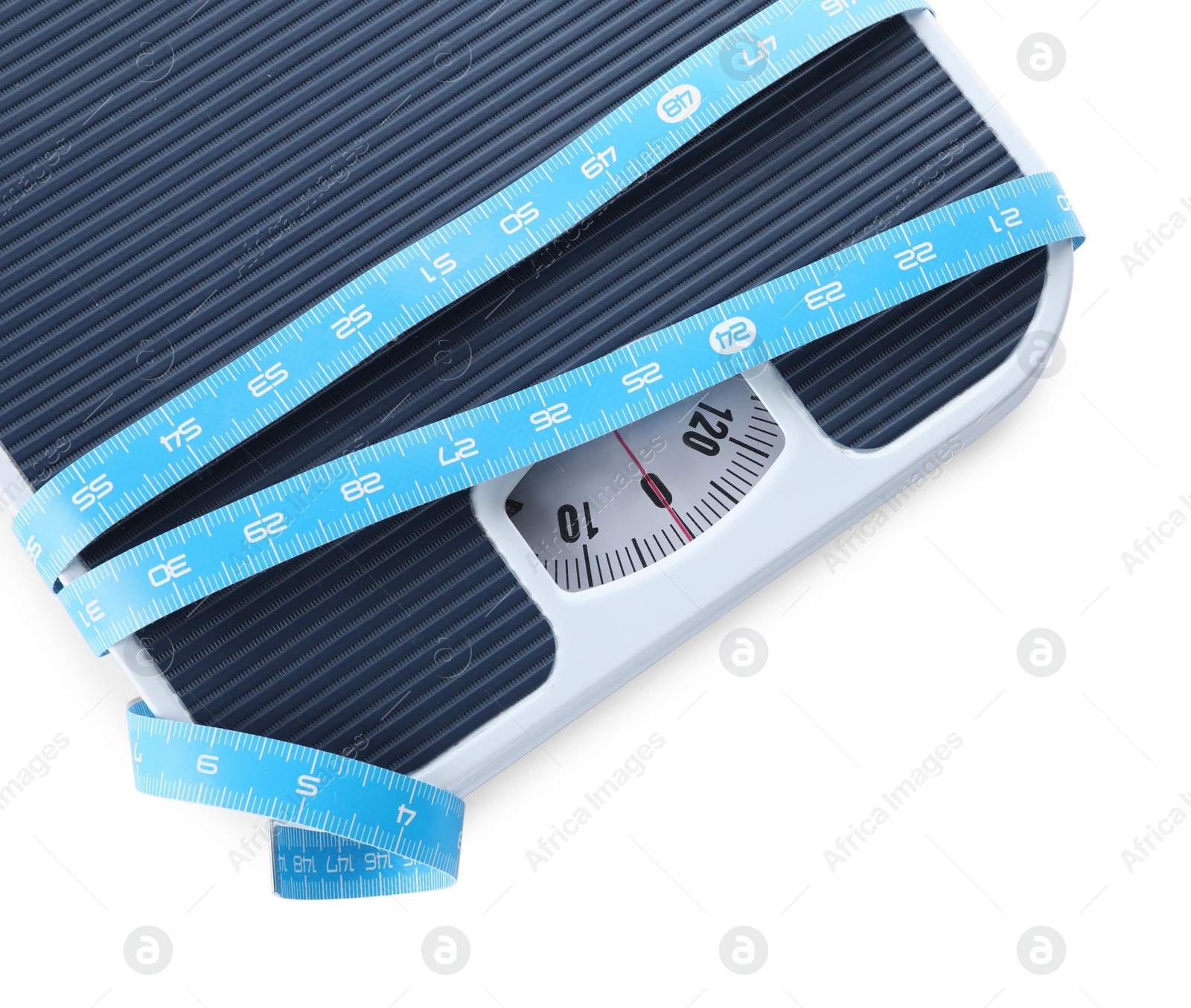 Photo of Scales and measuring tape isolated on white, top view