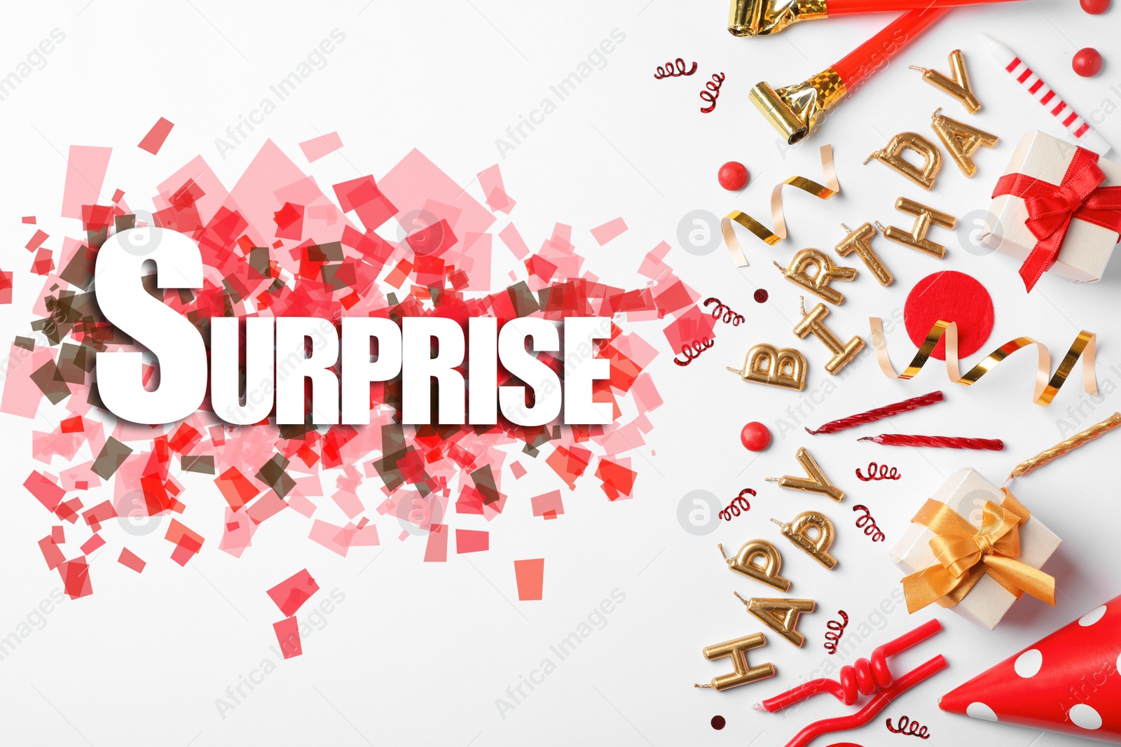 Image of Flat lay composition with different items for surprise party on white background