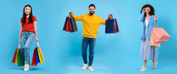 Image of People with shopping bags on light blue background, set with photos