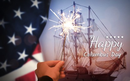 Happy Columbus Day. Woman holding burning sparkler near American flag, closeup