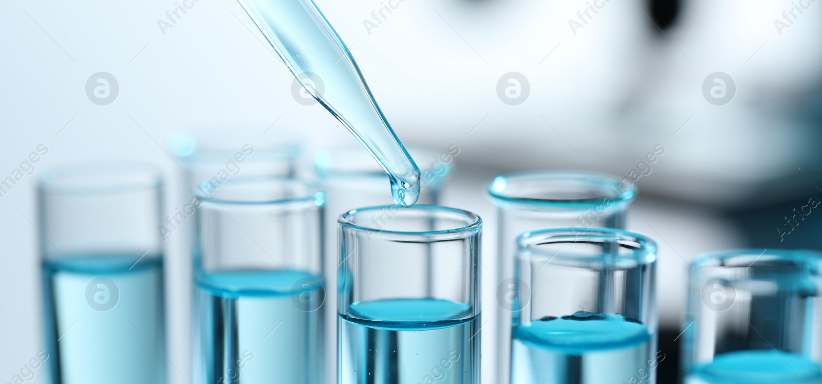 Photo of Dripping liquid from pipette into test tube on blurred background, closeup