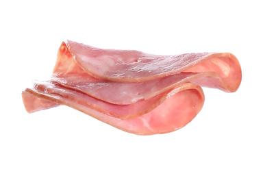 Photo of Tasty ham slices isolated on white. Sandwich ingredient