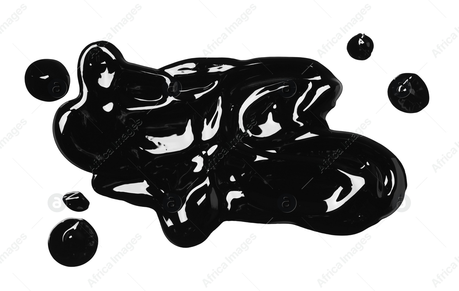 Photo of Blots of black glossy paint on white background, top view