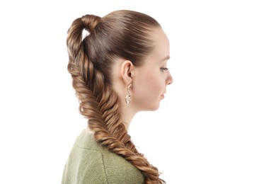 Woman with braided hair on white background