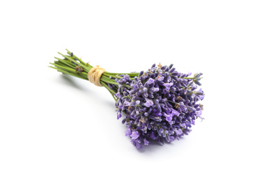 Beautiful bouquet of lavender flowers on white background