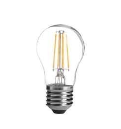 Photo of New incandescent light bulb for modern lamps on white background