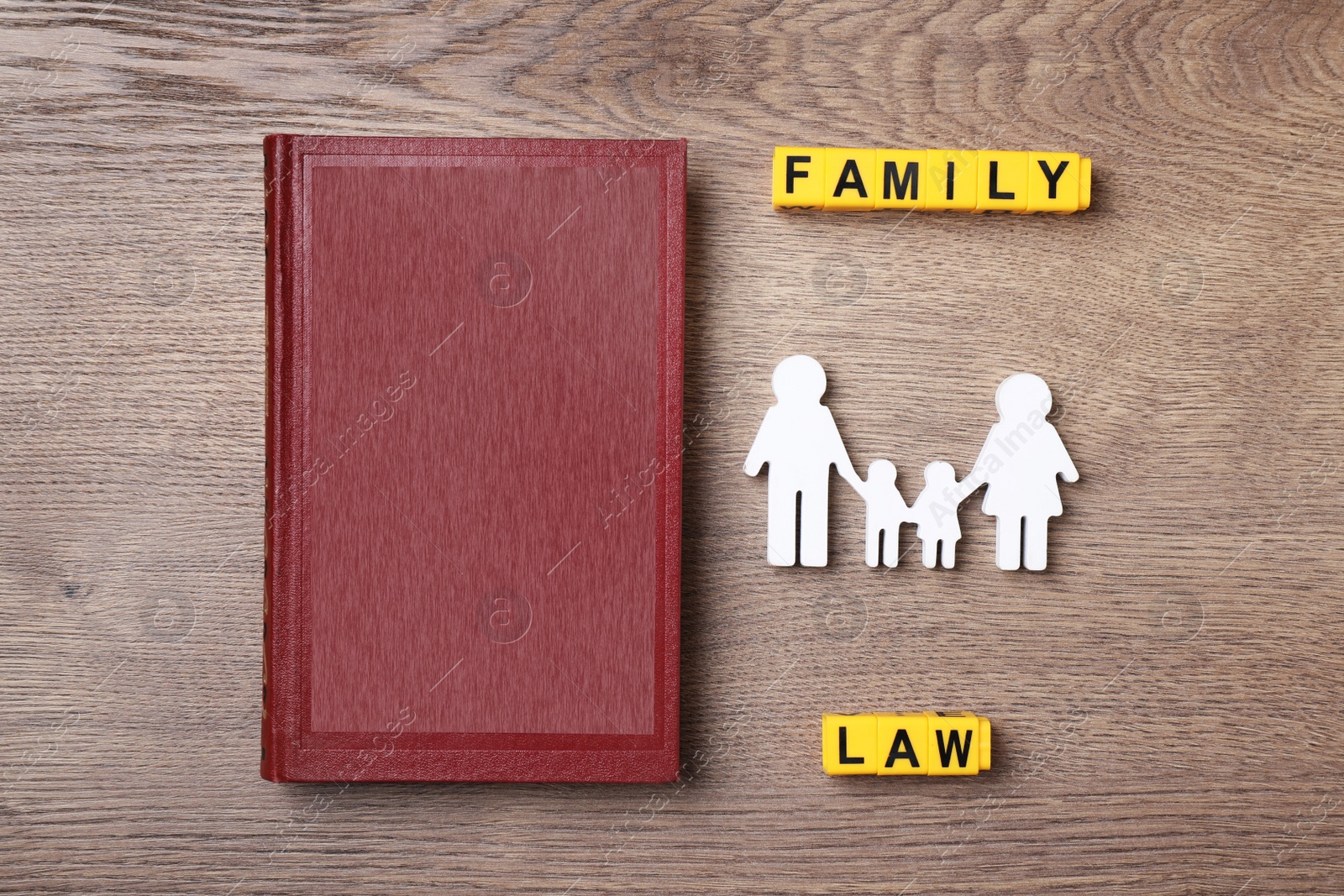 Image of Family law concept. Flat lay composition with book on wooden background