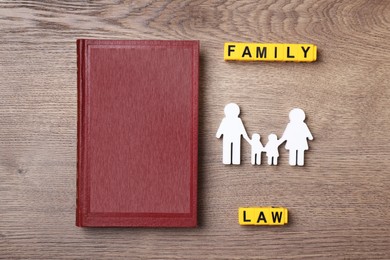 Family law concept. Flat lay composition with book on wooden background