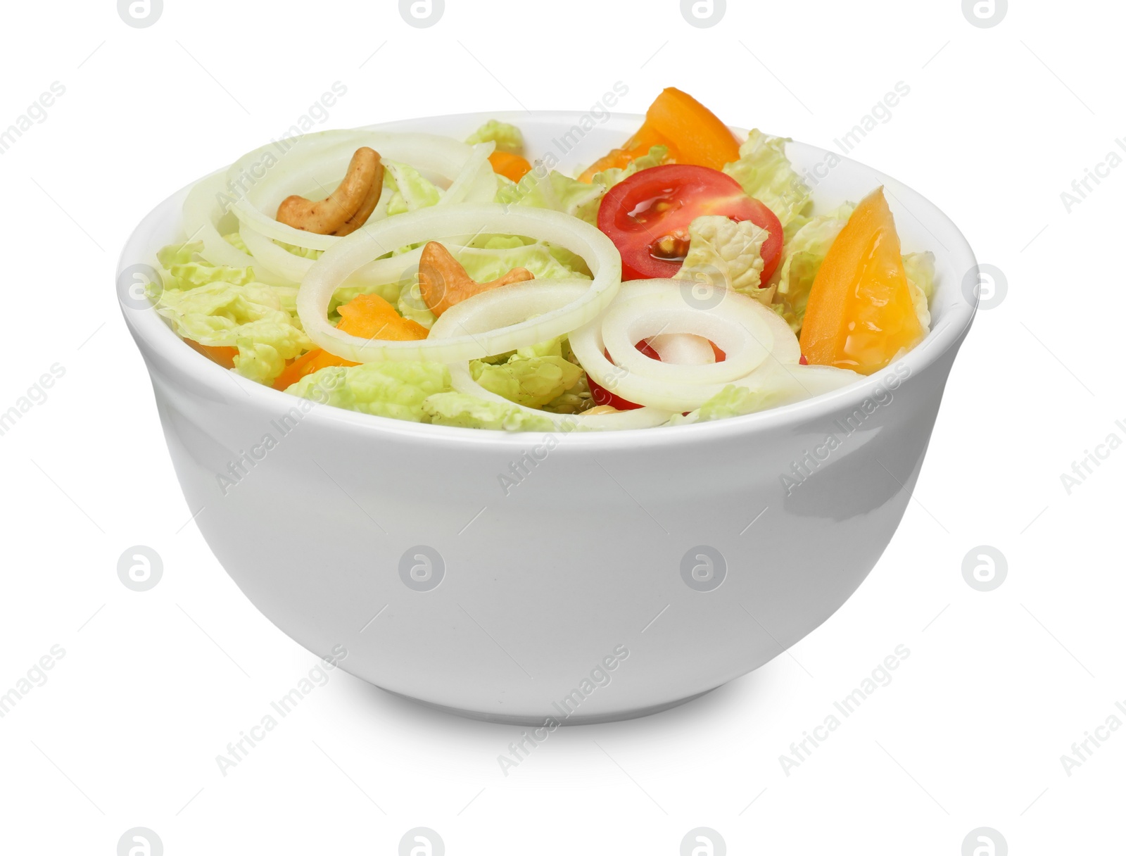 Photo of Bowl of delicious salad with Chinese cabbage, tomatoes and onion isolated on white