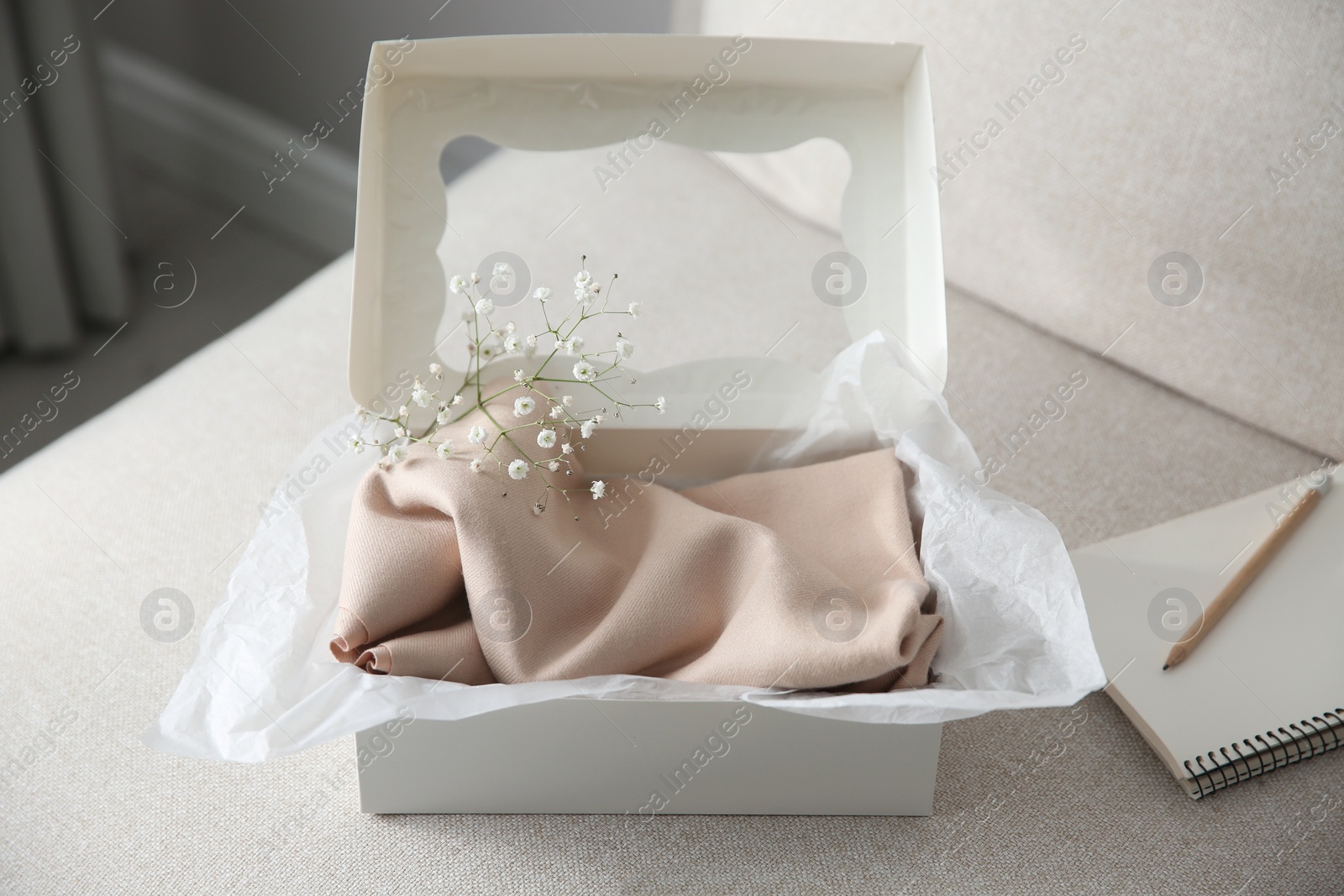 Photo of Soft cashmere sweater in box on sofa