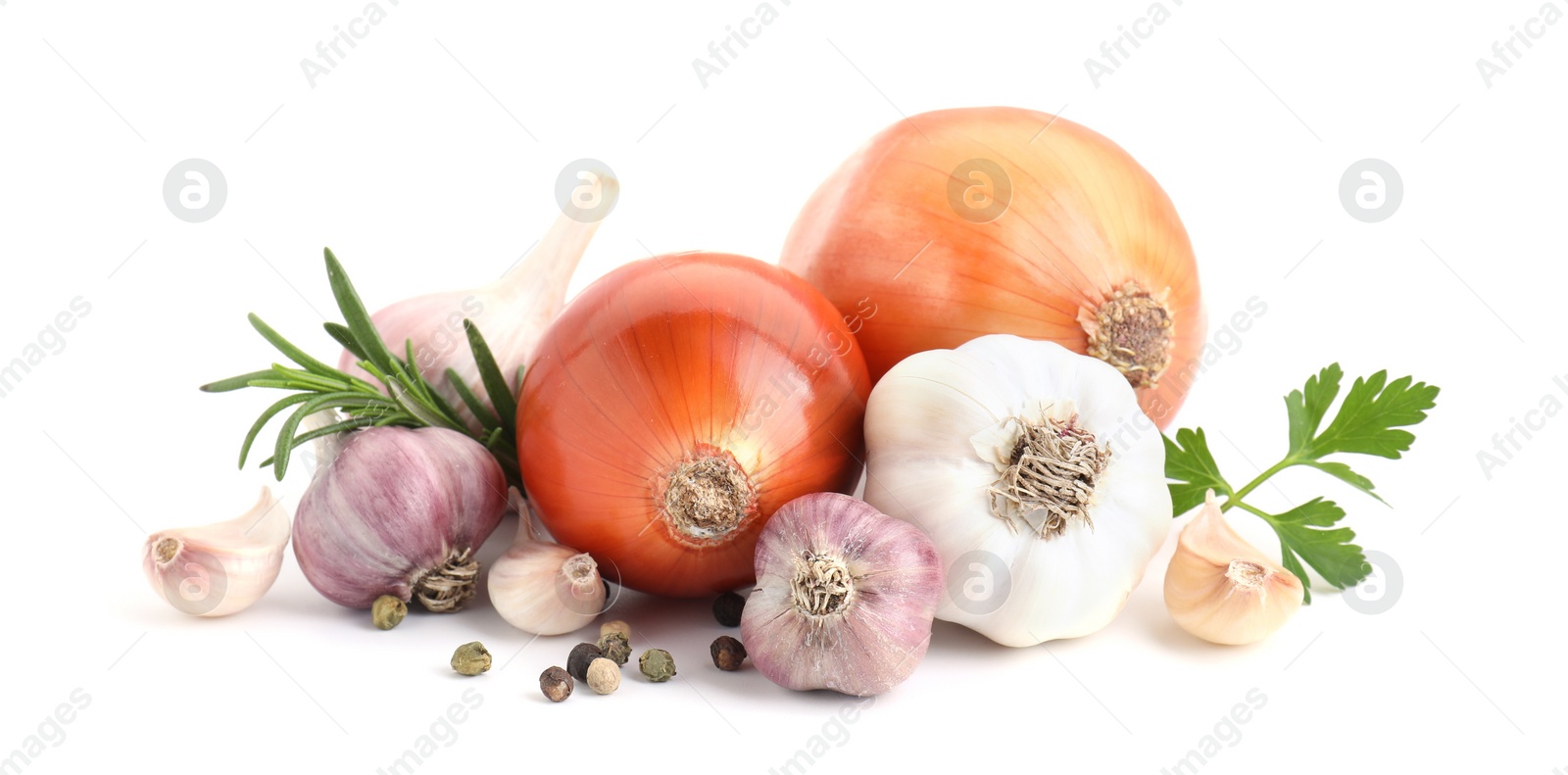 Photo of Fresh garlic, onions and spices isolated on white