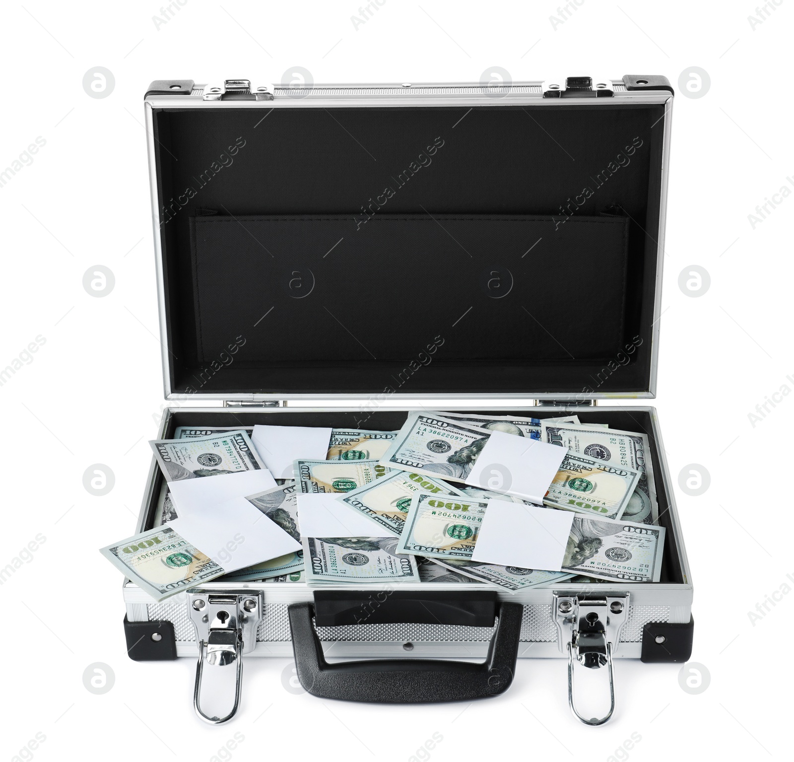 Photo of Open suitcase full of money on white background