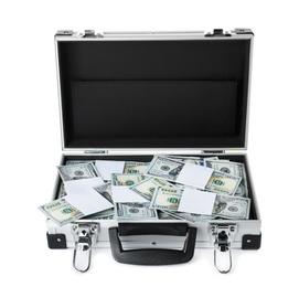 Photo of Open suitcase full of money on white background