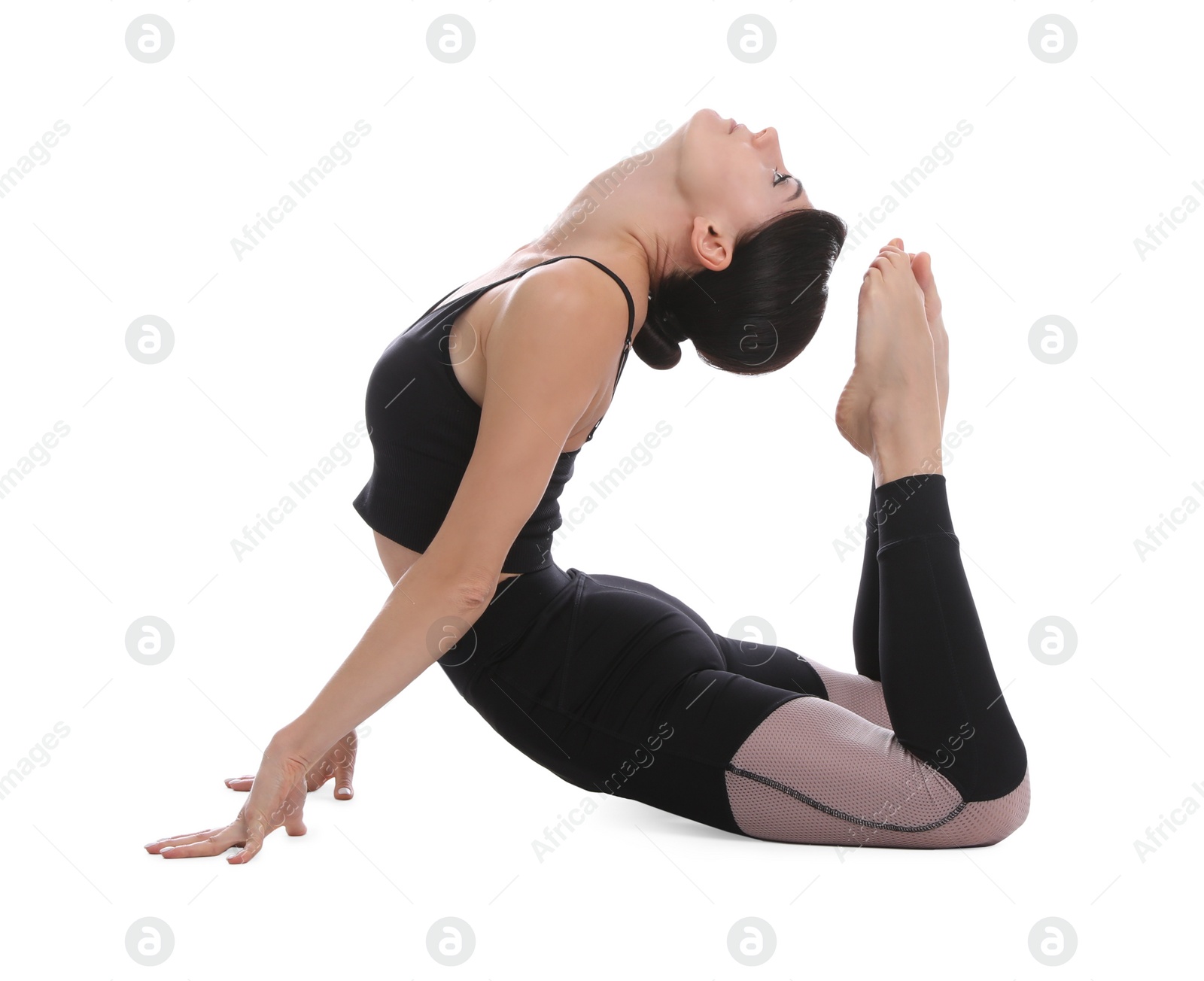 Photo of Professional young acrobat exercising on white background