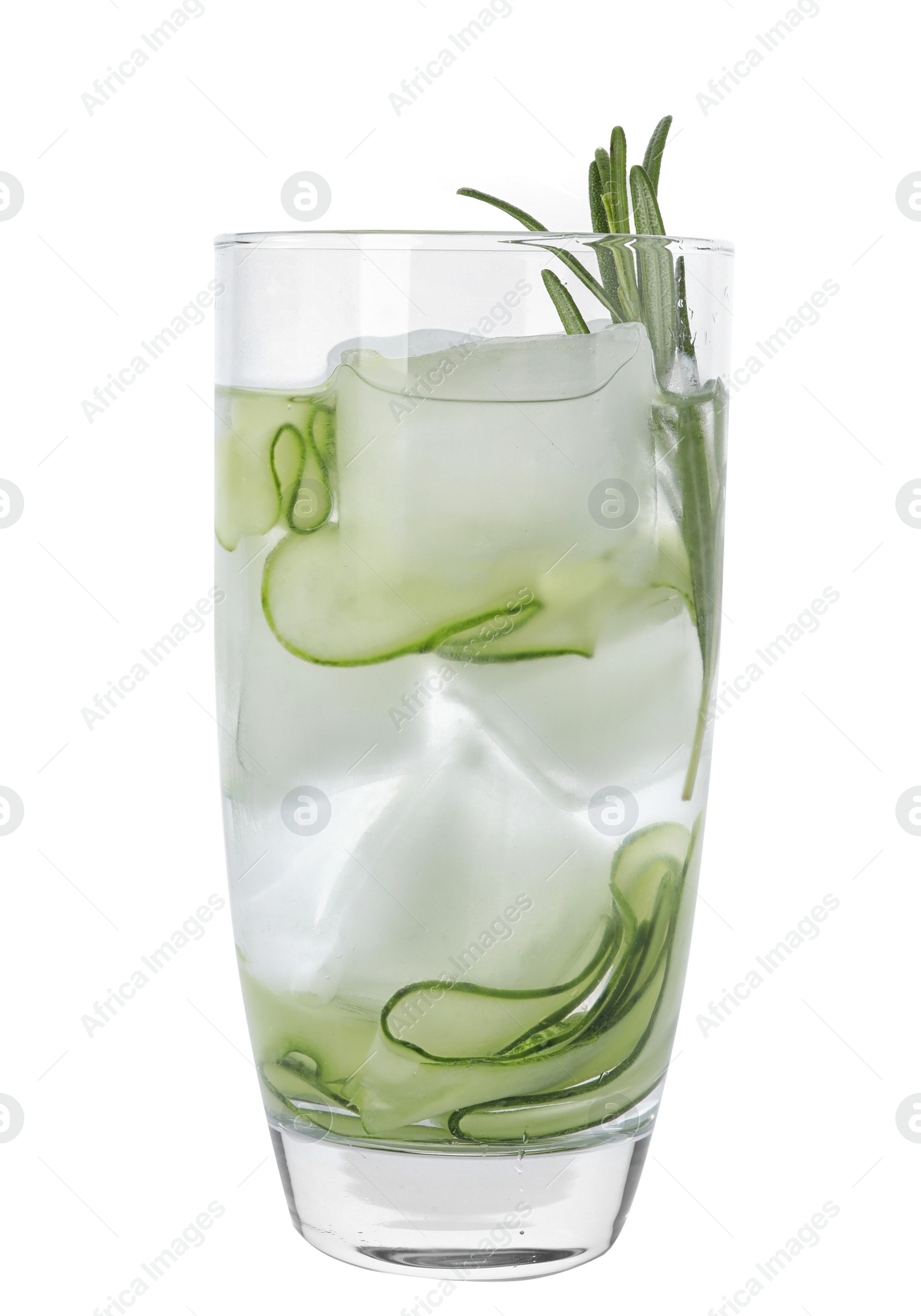 Photo of Glass of refreshing cucumber lemonade and rosemary on white background. Summer drink