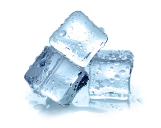 Crystal clear ice cubes on white background