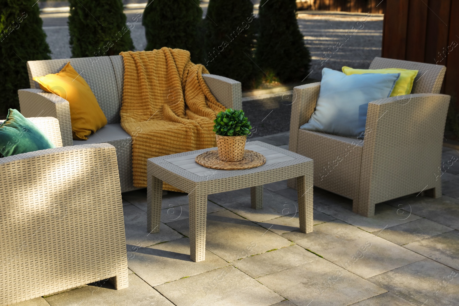 Photo of Beautiful rattan garden furniture, soft pillows, blanket and houseplant outdoors