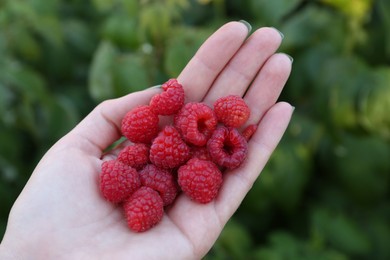 Photo of Woman holding pile of delicious ripe raspberries outdoors, above view