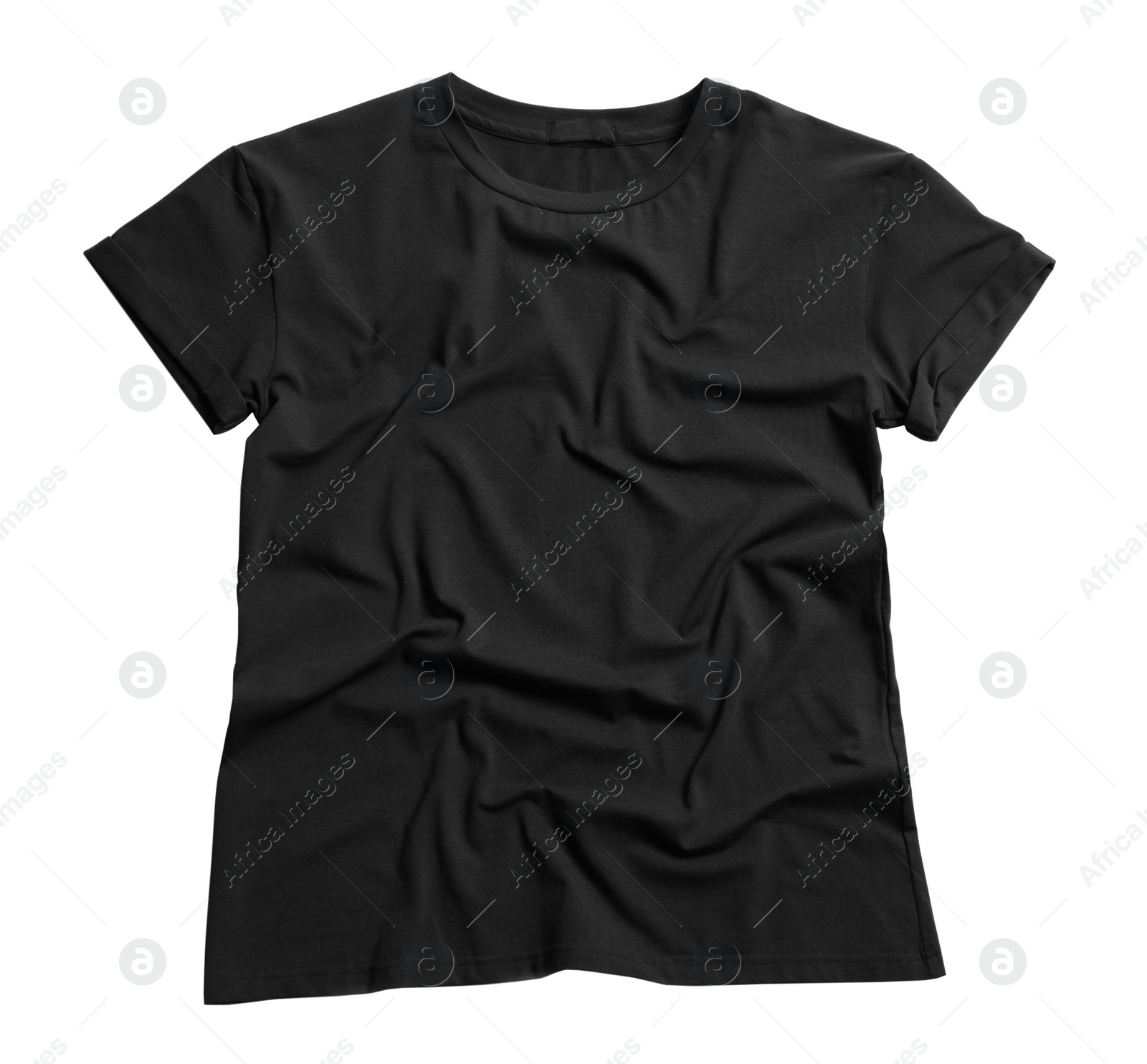 Photo of Stylish black t-shirt on white background, top view