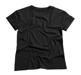 Stylish black t-shirt on white background, top view