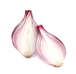 Photo of Halves of red onion on white background