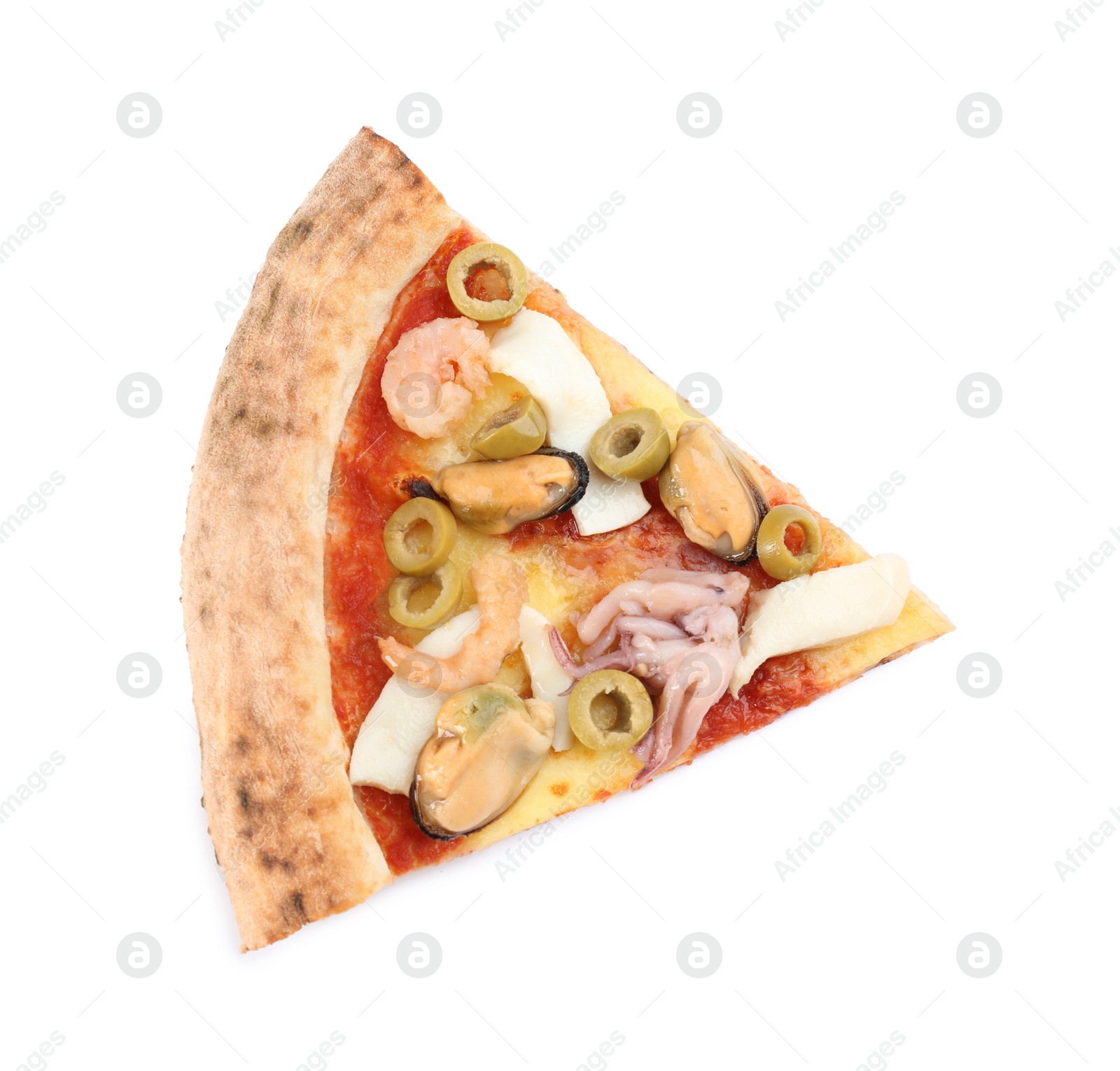 Photo of Slice of delicious seafood  pizza isolated on white, top view