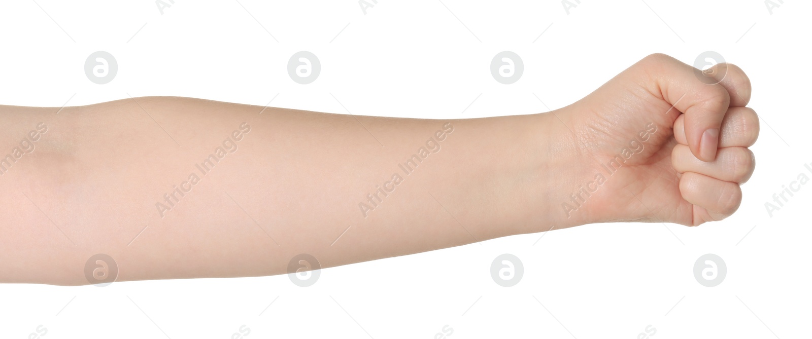 Photo of Playing rock, paper and scissors. Woman showing fist on white background, closeup