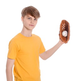 Photo of Teenage boy with baseball ball on white background