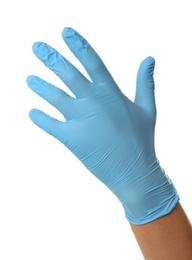 Photo of Person in blue latex gloves against white background, closeup on hand