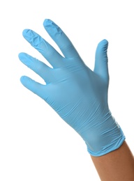 Person in blue latex gloves against white background, closeup on hand