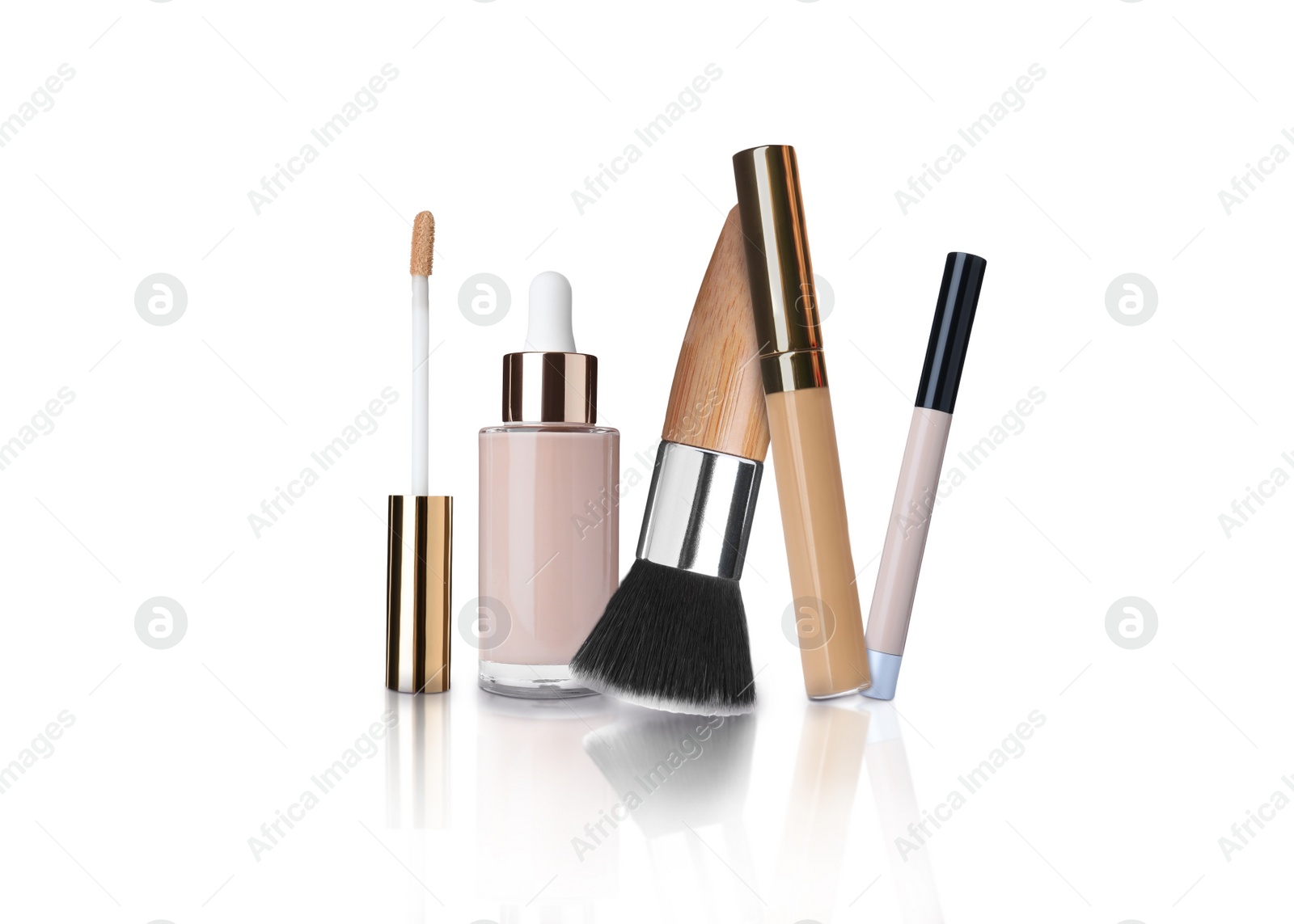 Image of Set with different decorative cosmetics on white background. Luxurious makeup products