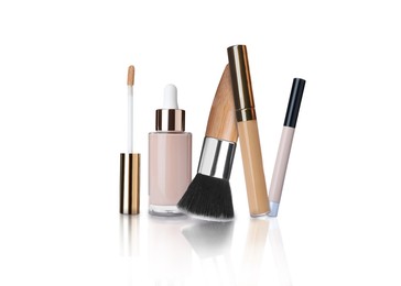 Image of Set with different decorative cosmetics on white background. Luxurious makeup products