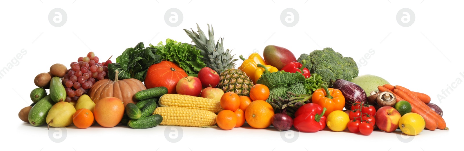 Photo of Assortment of fresh organic fruits and vegetables on white background