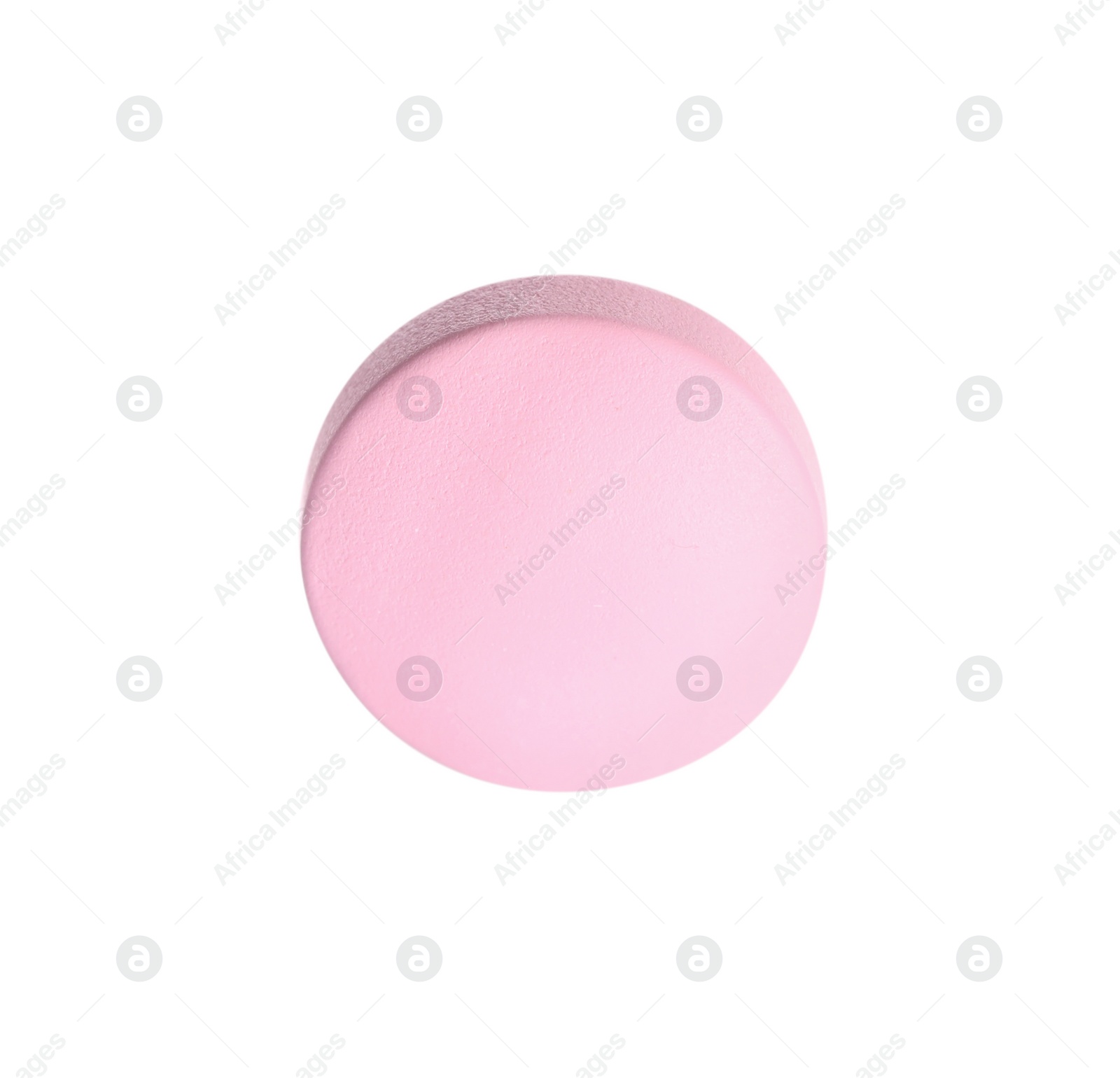 Photo of One pink pill on white background. Medicinal treatment