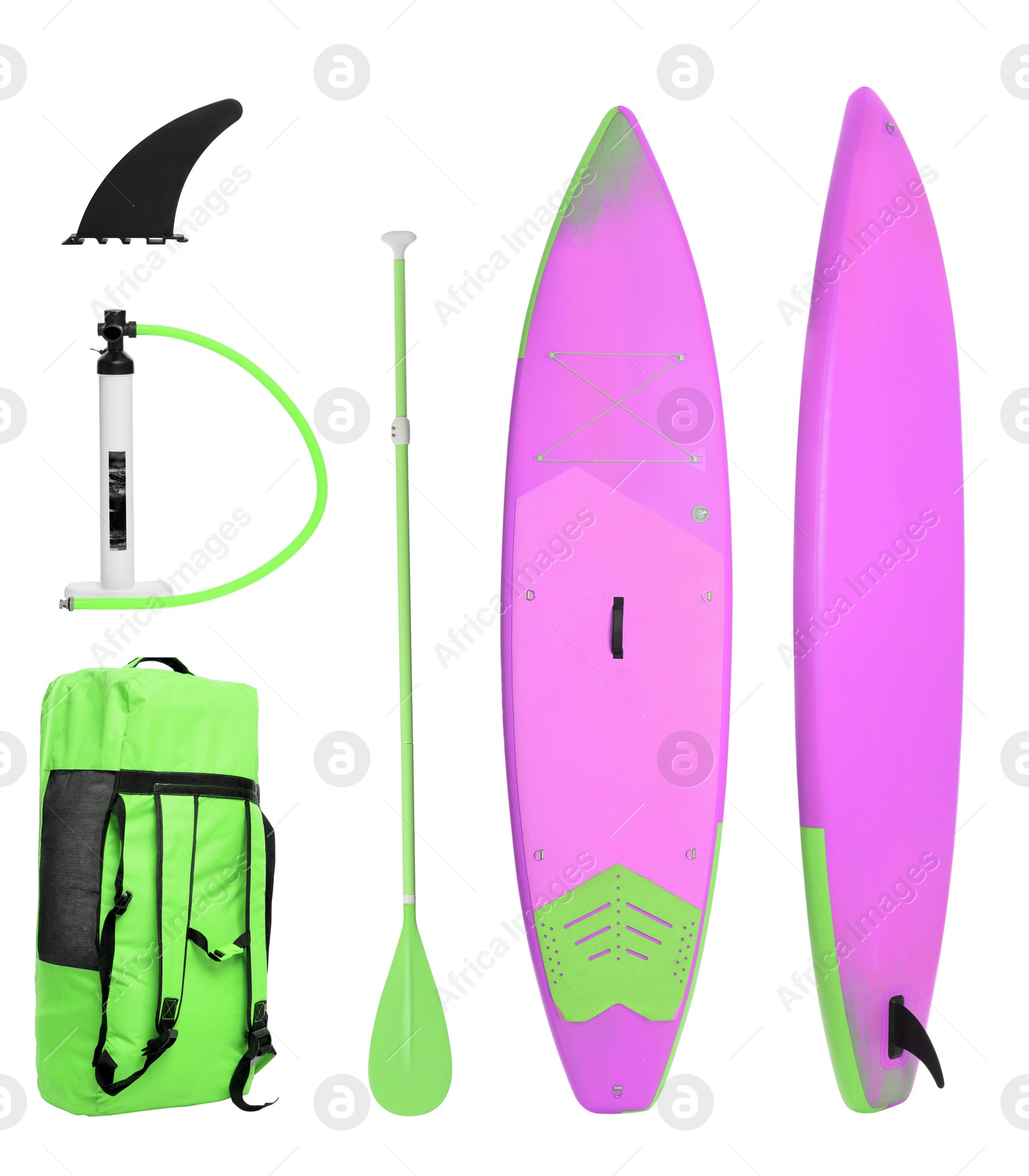 Image of SUP board and different equipment for stand up paddle boarding isolated on white, set