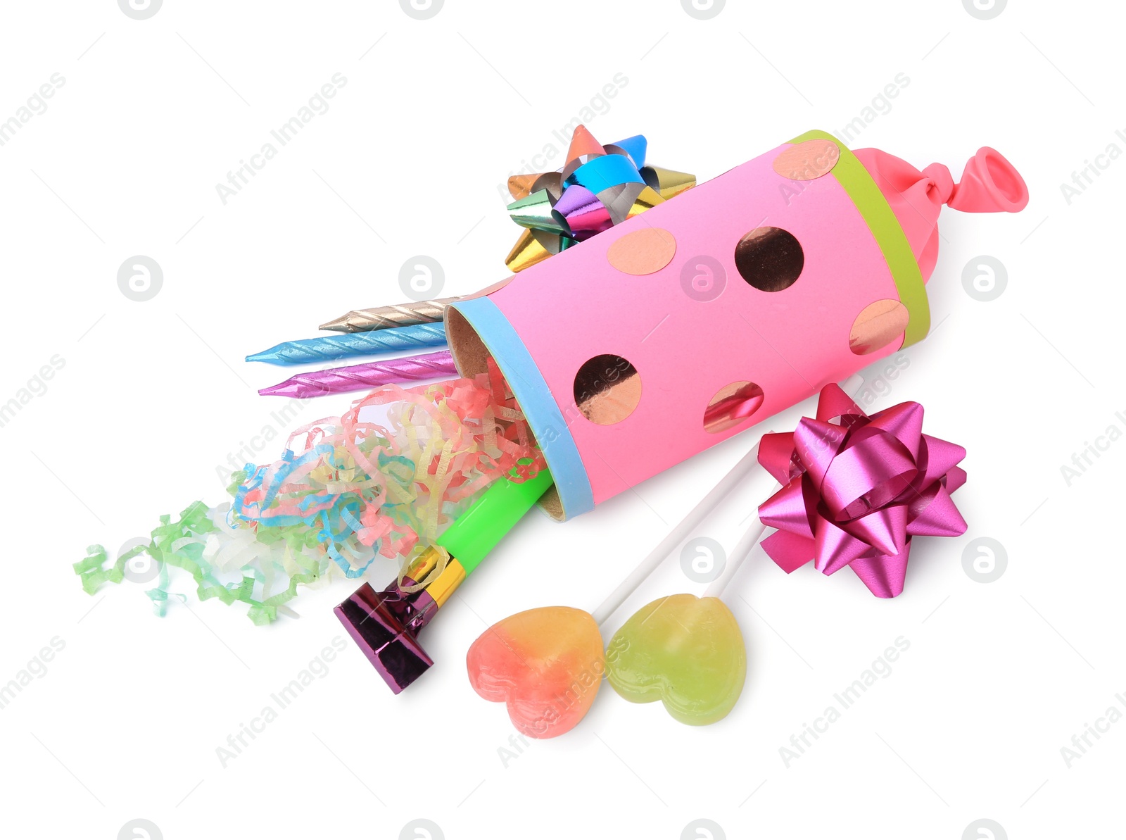 Photo of Party cracker and different festive items isolated on white, top view