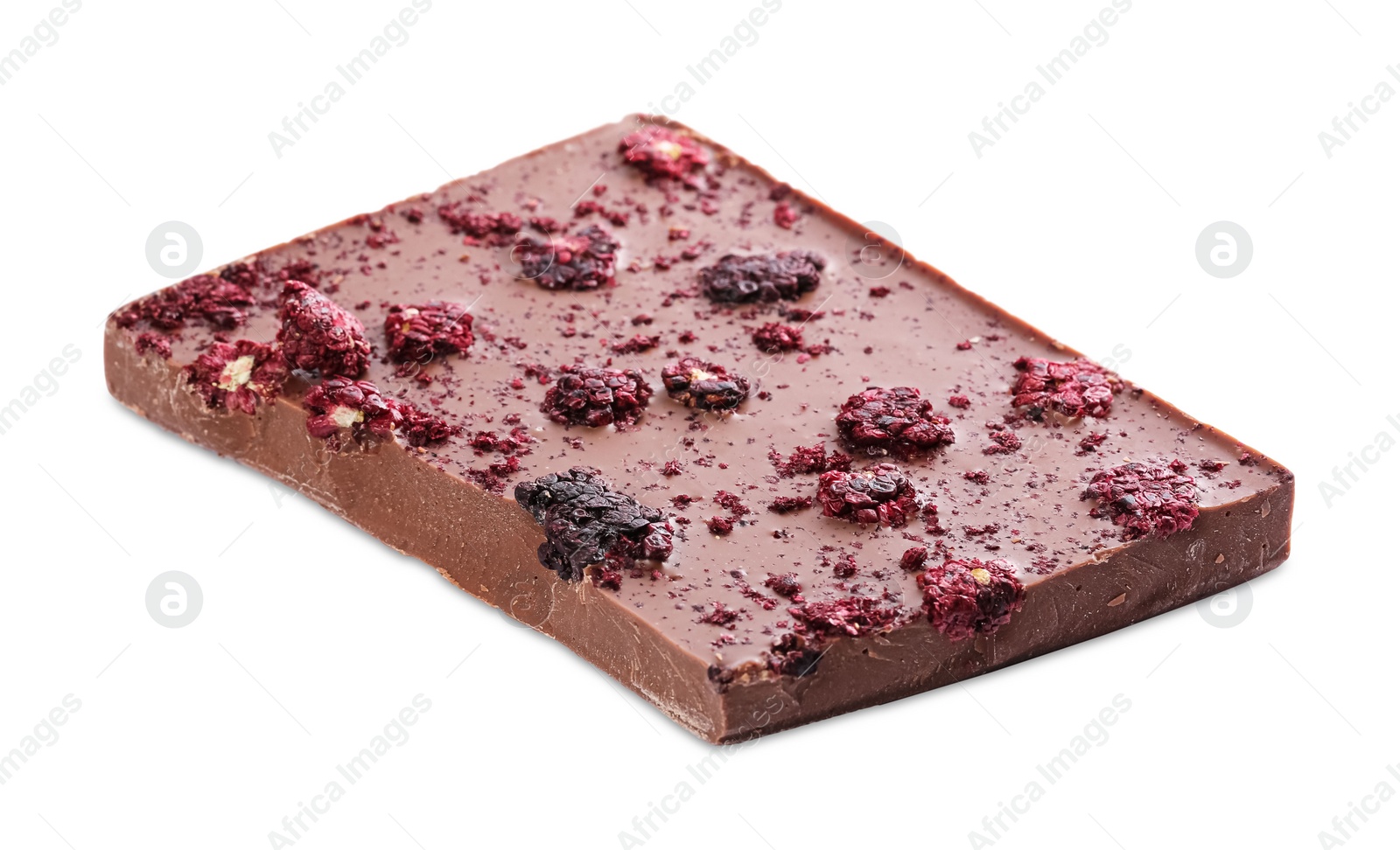Photo of Half of chocolate bar with freeze dried berries isolated on white