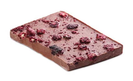 Photo of Half of chocolate bar with freeze dried berries isolated on white