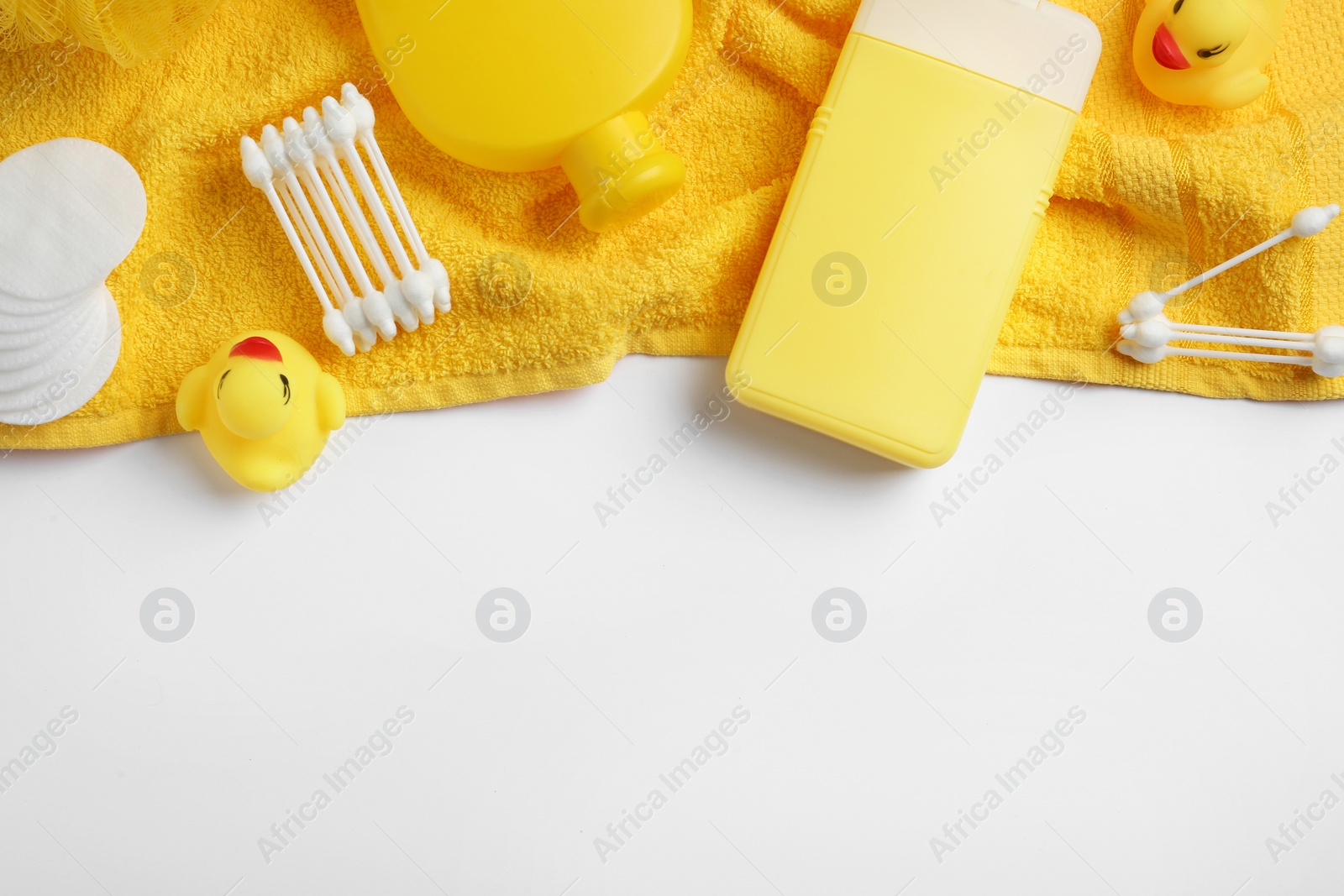 Photo of Composition with baby cosmetic products on white background, top view