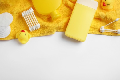 Photo of Composition with baby cosmetic products on white background, top view