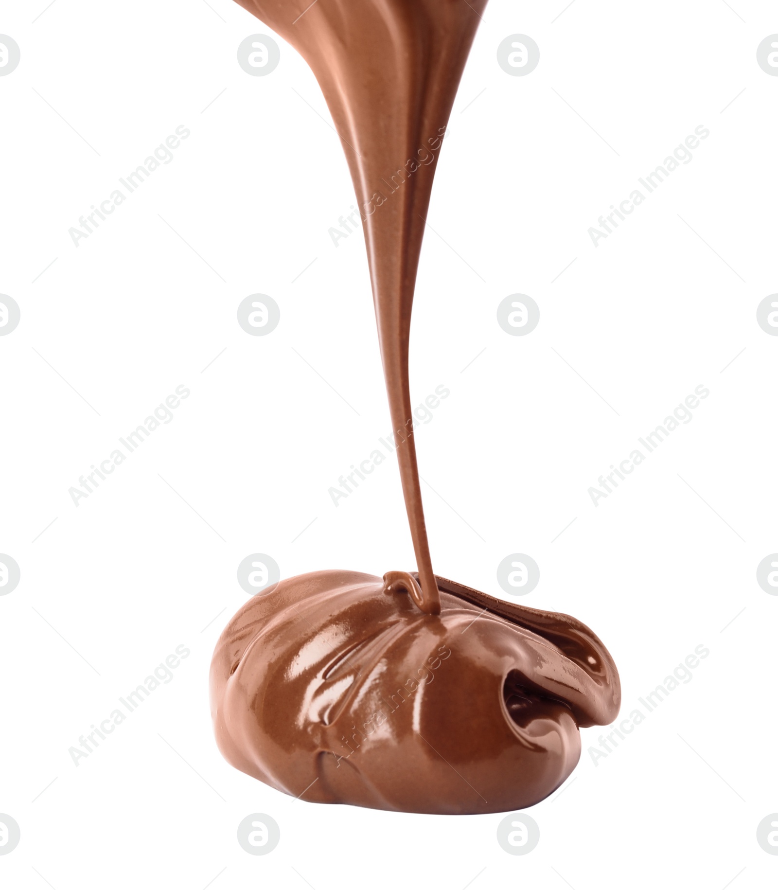 Photo of Pouring sweet chocolate cream on white background